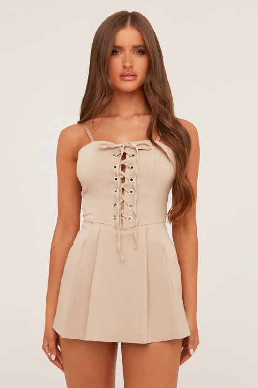Beige Lace Up Front Pleat Detail Playsuit - Codi sold by Rebellious Fashion