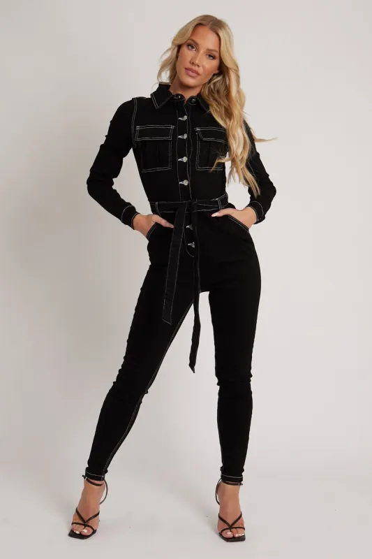 Black Long Sleeve Contrast Stitch Jumpsuit - Jan sold by Rebellious Fashion