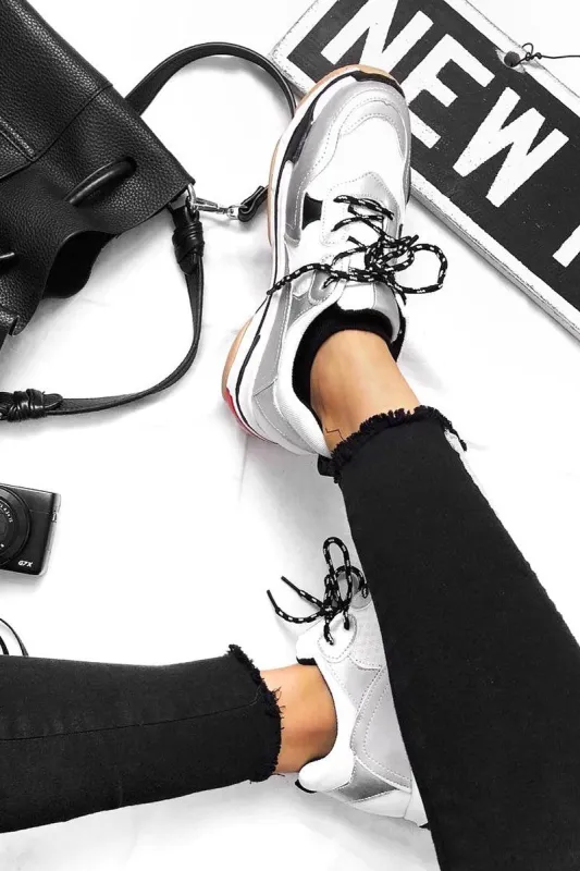 Silver And White Chunky Lace Up Trainers - Thea sold by Rebellious Fashion