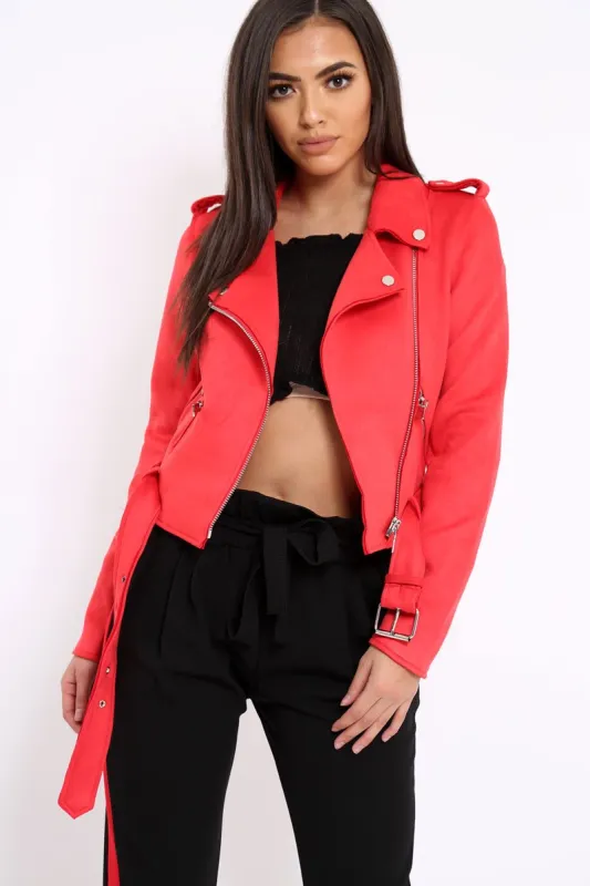 Red Suedette Biker Jacket with Waist Belt - Roxanne sold by Rebellious Fashion