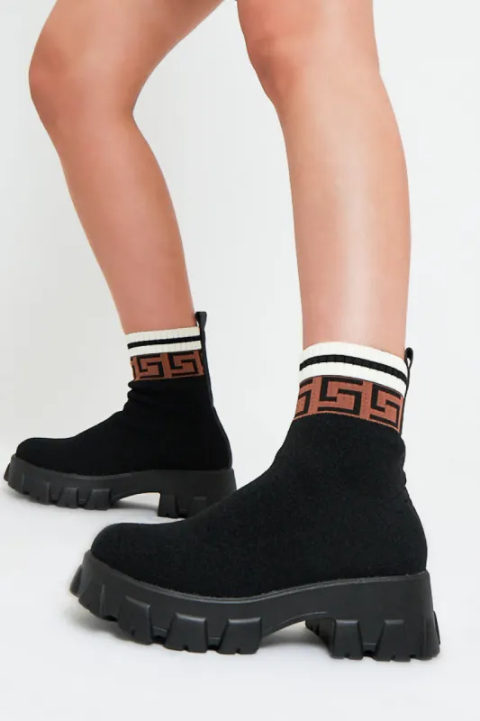 Black Patterned Ankle High Chunky Sole Sock Boots - Bana sold by Rebellious Fashion