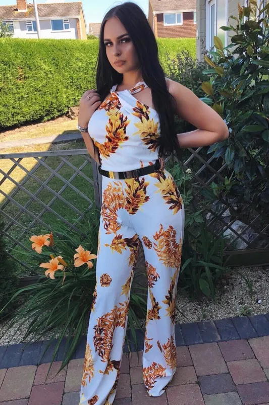 White Leaf Print Twist Front Belted Jumpsuit - Rainn sold by Rebellious Fashion