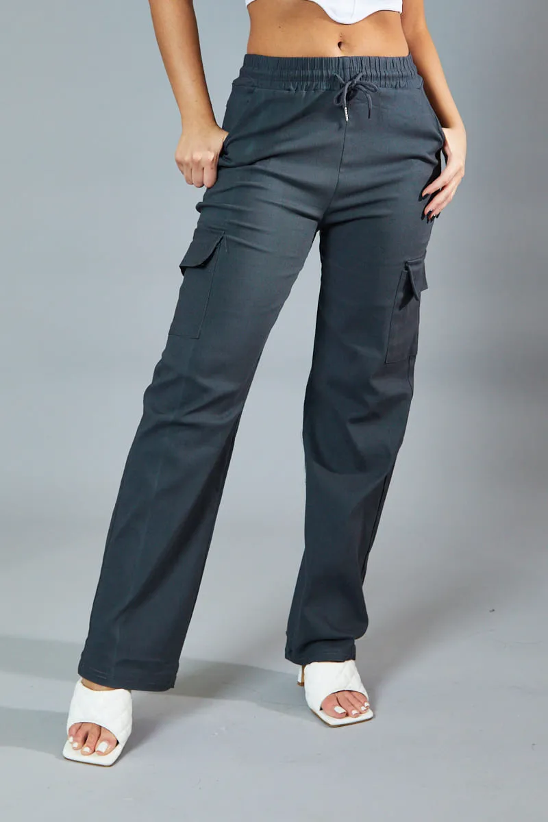 Grey Straight Leg Cargo Trousers - Rian sold by Rebellious Fashion product image thumbnail 4