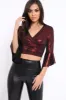 Wine Metallic Plunge Bell Sleeve Crop Top - Merla sold by Rebellious Fashion