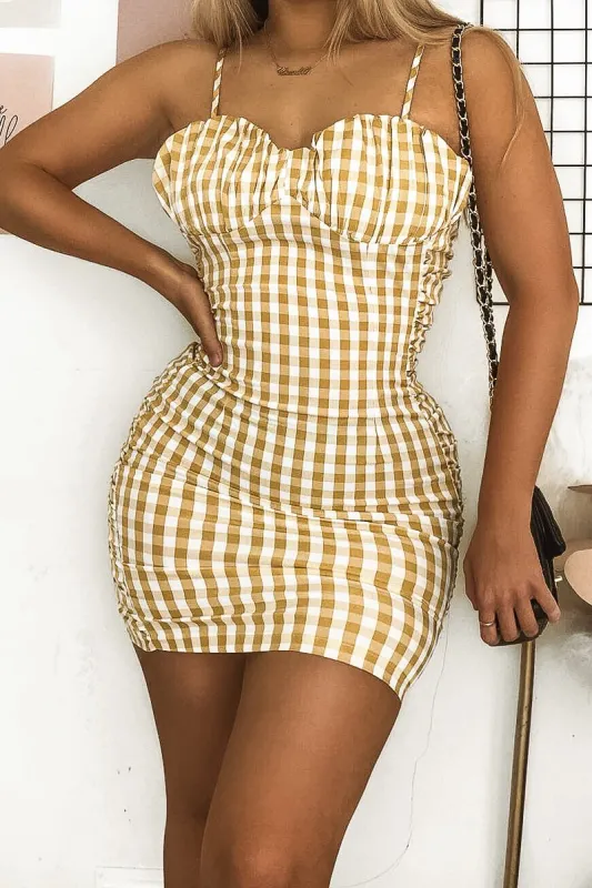 Yellow White Check Sleeveless Shirred Cup Midi Dress - Suzi sold by Rebellious Fashion