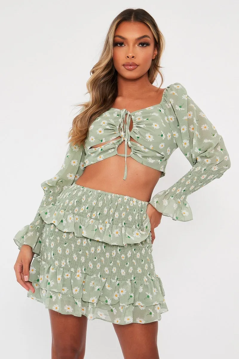 Mint Floral Print Lace Up Crop Top + Shirred Skirt Set - Adelei sold by Rebellious Fashion product image thumbnail 2