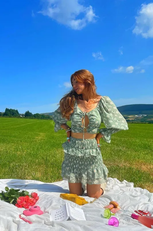 Mint Floral Print Lace Up Crop Top + Shirred Skirt Set - Adelei sold by Rebellious Fashion