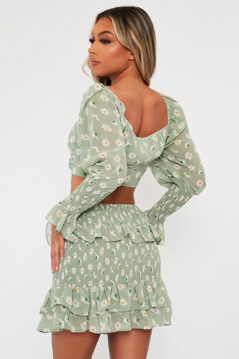 Mint Floral Print Lace Up Crop Top + Shirred Skirt Set - Adelei sold by Rebellious Fashion product image thumbnail 4