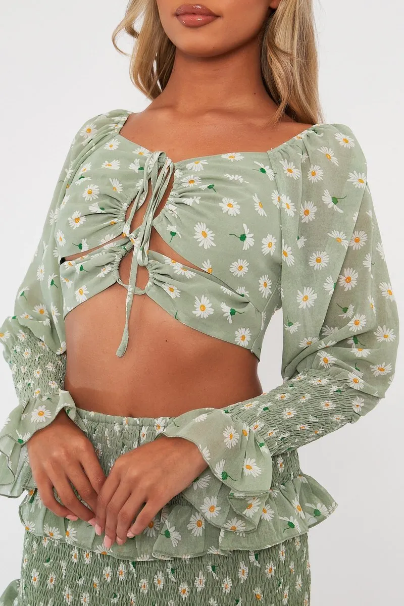 Mint Floral Print Lace Up Crop Top + Shirred Skirt Set - Adelei sold by Rebellious Fashion product image thumbnail 3