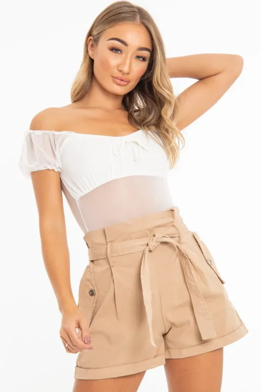 White Mesh Puff Sleeve Tie Front Bodysuit - Suki sold by Rebellious Fashion