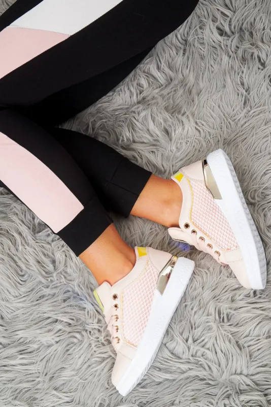 Pink Net Chunky Sole Lace Up Trainers - Shanae sold by Rebellious Fashion