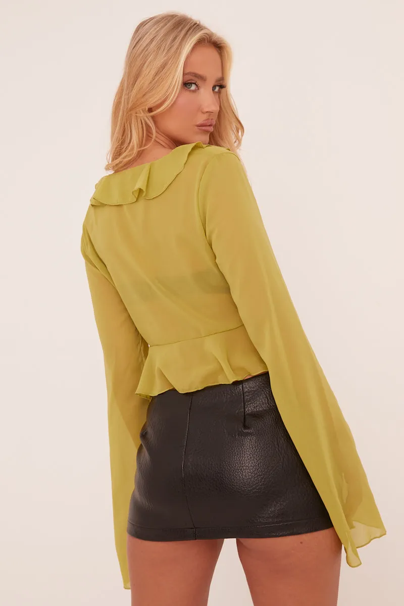 Green Frill Detail Tie Front Long Sleeve Cropped Top - Legacy sold by Rebellious Fashion product image thumbnail 4