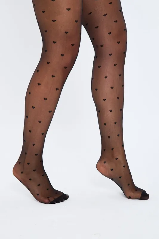 Black Love Heart Detail Tights - Brenna sold by Rebellious Fashion