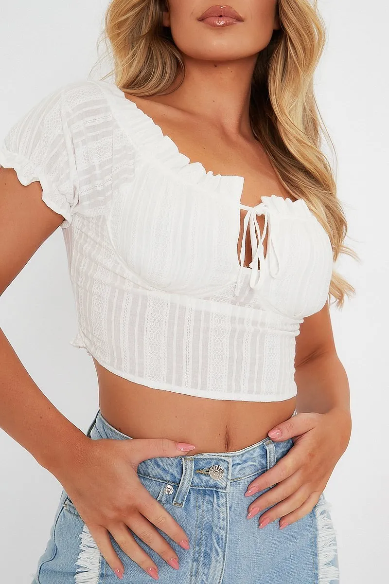 White Tie Front Short Sleeve Crop Top - Denni sold by Rebellious Fashion