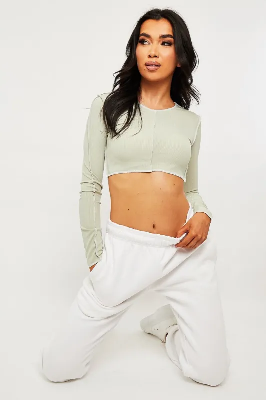 Sage White Contrast Stitch Ribbed Crop Top - Candice sold by Rebellious Fashion