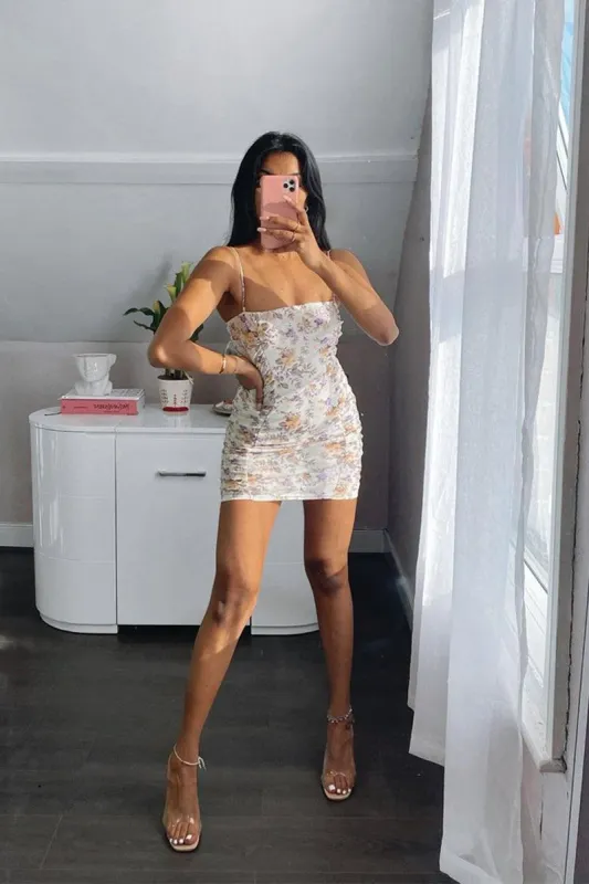Cream Floral Ruched Mini Dress - Ilani sold by Rebellious Fashion