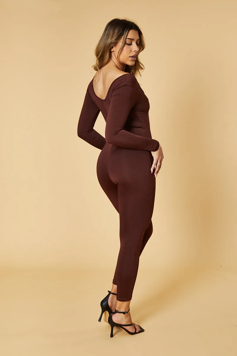 Brown Contour Long Sleeve Jumpsuit - Luana sold by Rebellious Fashion product image thumbnail 5