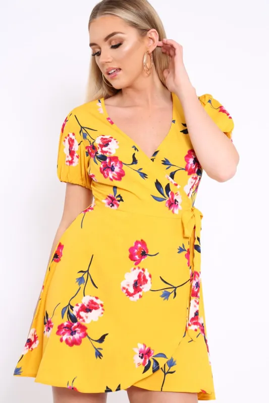 Yellow Floral Wrap Dress with Puff Sleeves - Phenix sold by Rebellious Fashion
