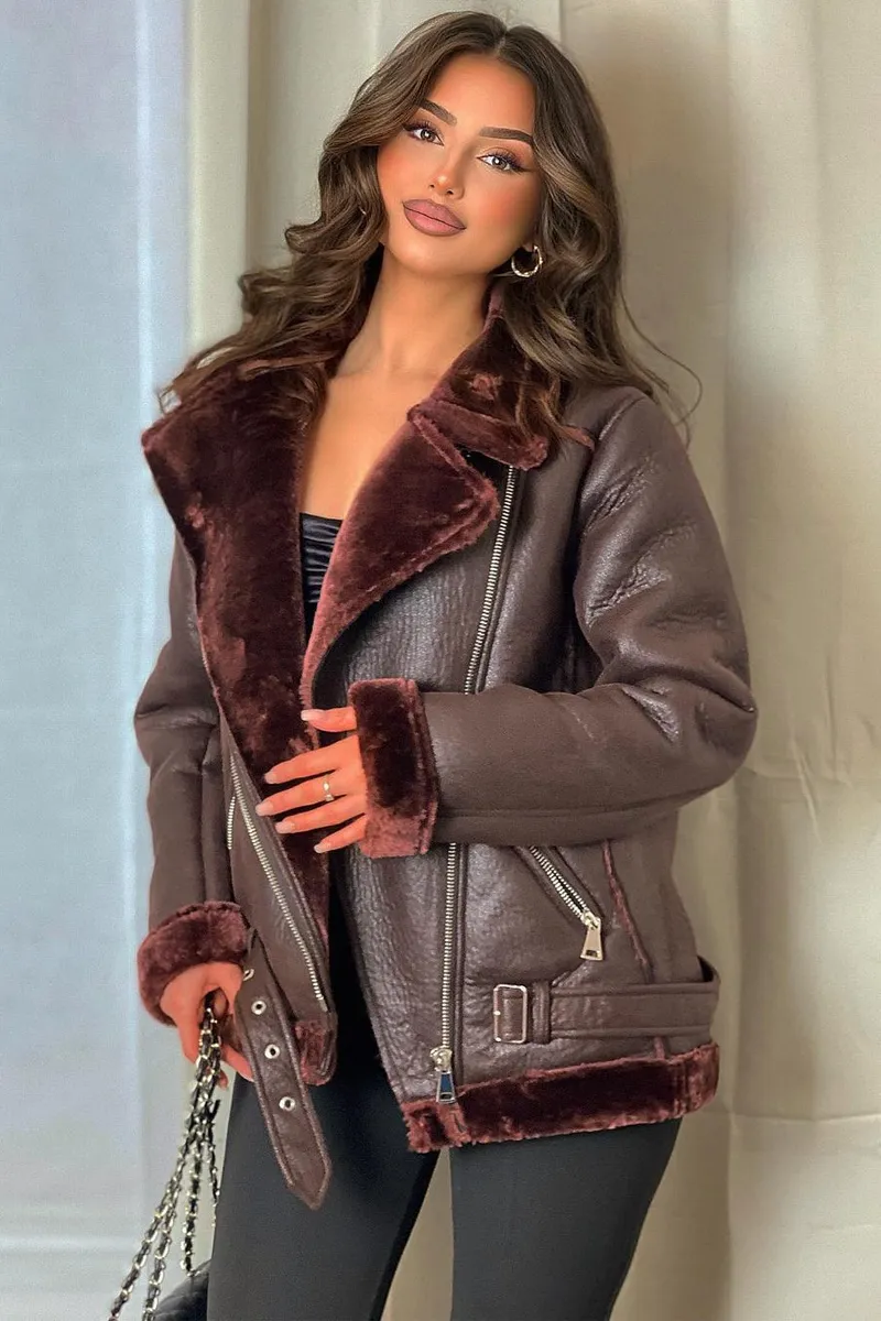 Brown Faux Leather Aviator Jacket - Juniper sold by Rebellious Fashion