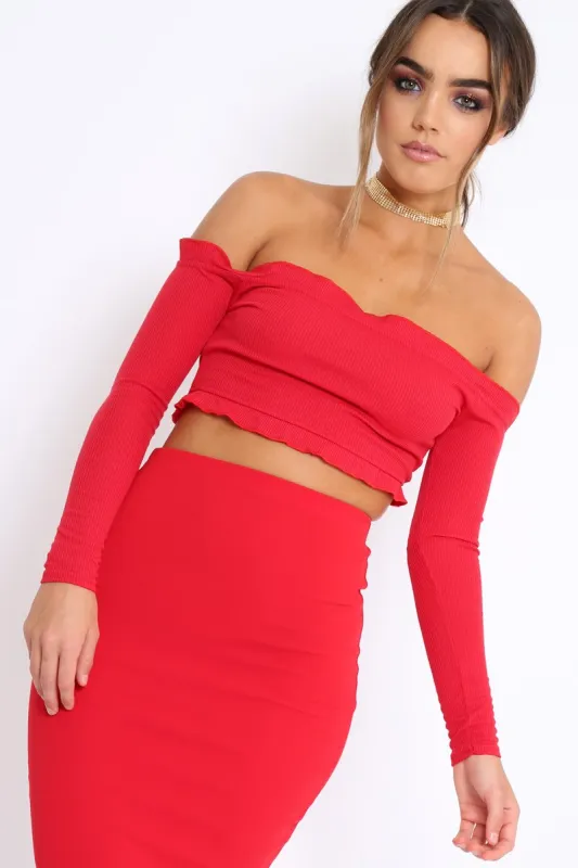 Red Ribbed Frill Bardot Crop Top - Cassidy sold by Rebellious Fashion