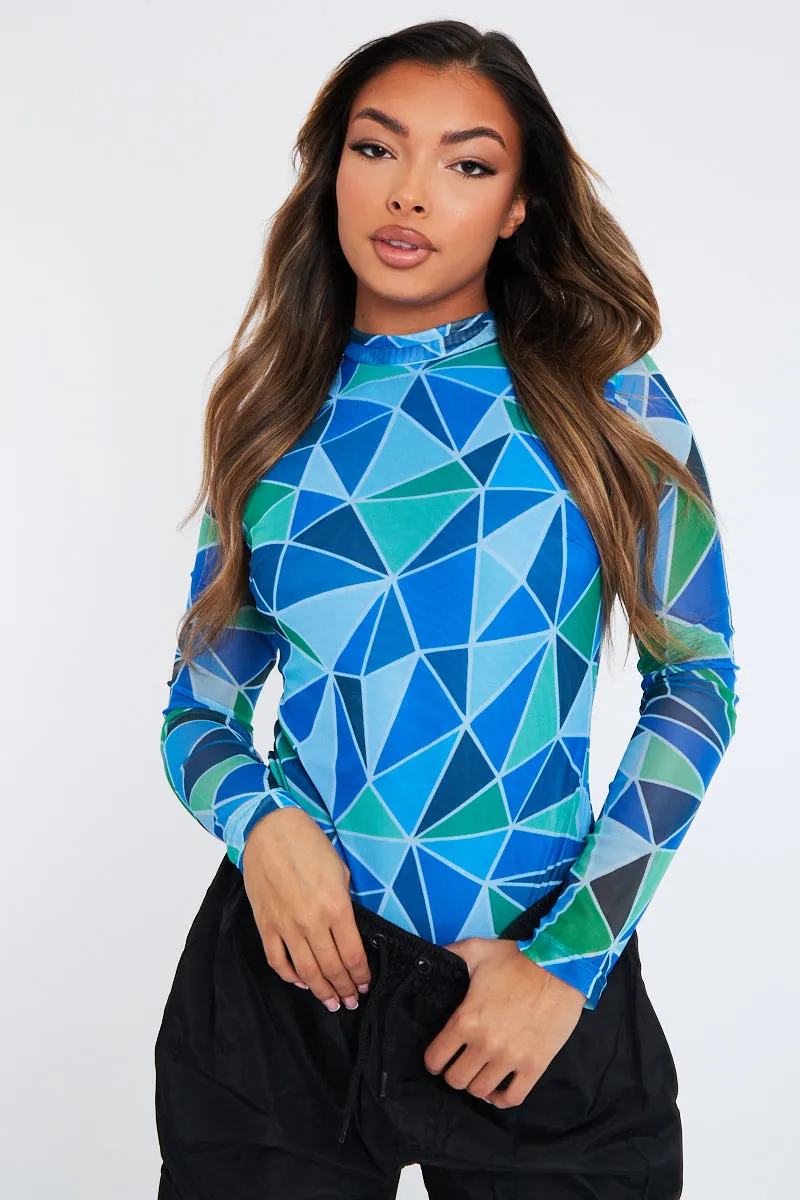 Blue Geometric Pattern Mesh Bodysuit - Bee sold by Rebellious Fashion product image thumbnail 2