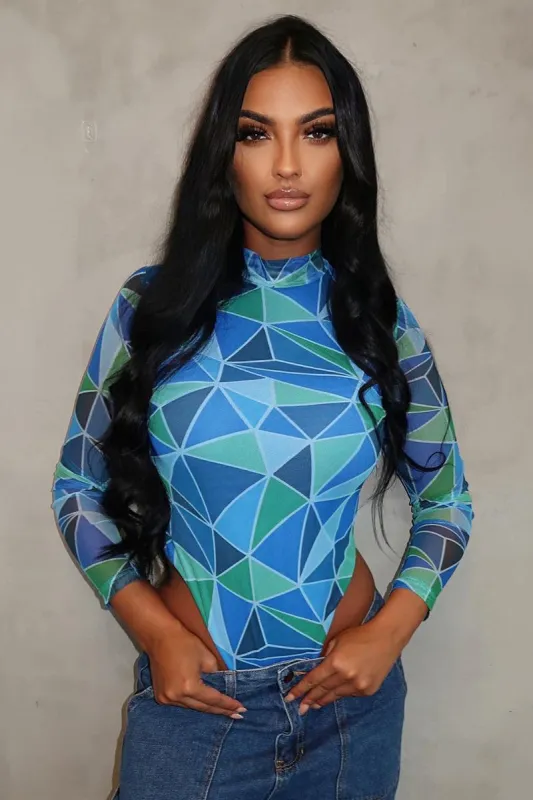 Blue Geometric Pattern Mesh Bodysuit - Bee sold by Rebellious Fashion