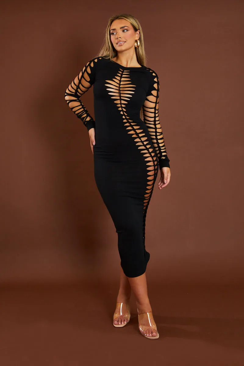 Black Knot Detail Long Sleeve Midi Dress - Aviva sold by Rebellious Fashion product image thumbnail 2