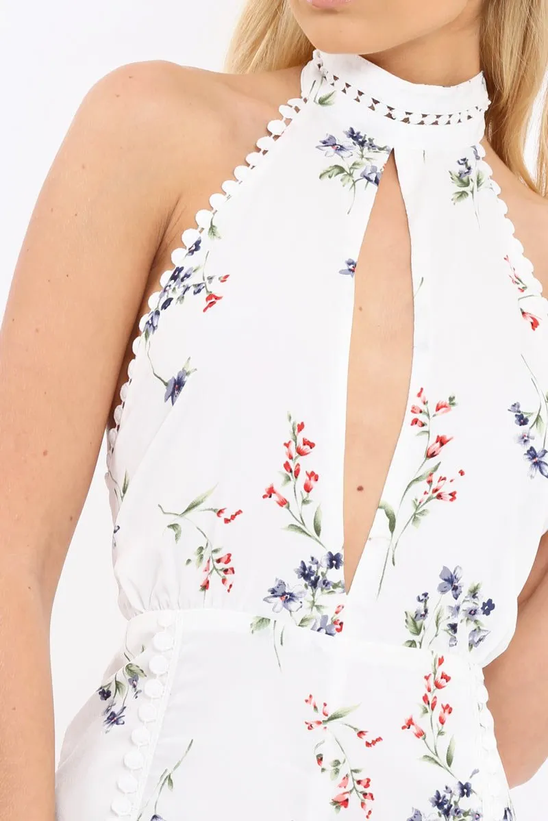 White Floral Halter Neck Plunge Playsuit - Mia sold by Rebellious Fashion product image thumbnail 4