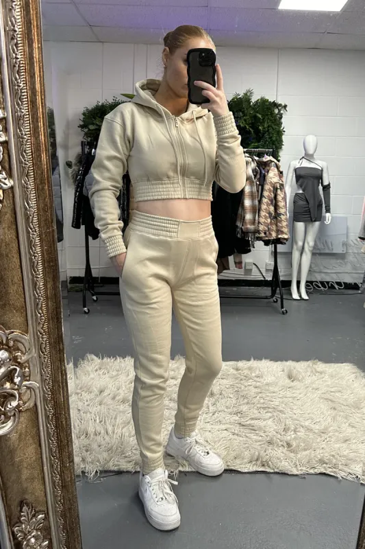 Stone Zip Front Elasticated Detail Loungewear Co-ord Set - Carmel sold by Rebellious Fashion