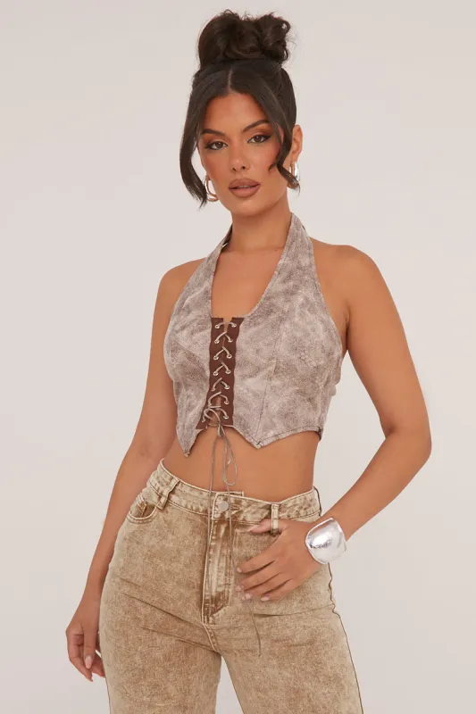 Beige Abstract Print Lace Up Halter Neck Cropped Top - Ayda sold by Rebellious Fashion