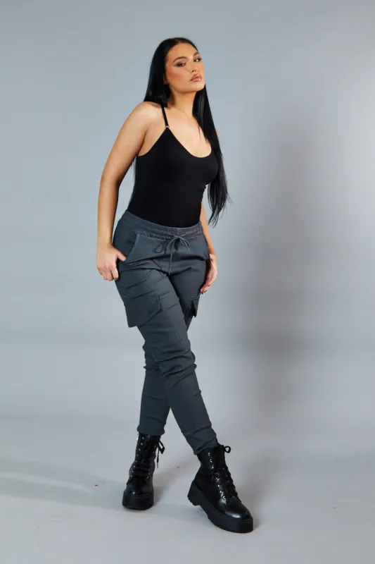 Grey Cuffed Hem Cargo Trousers - Rain sold by Rebellious Fashion