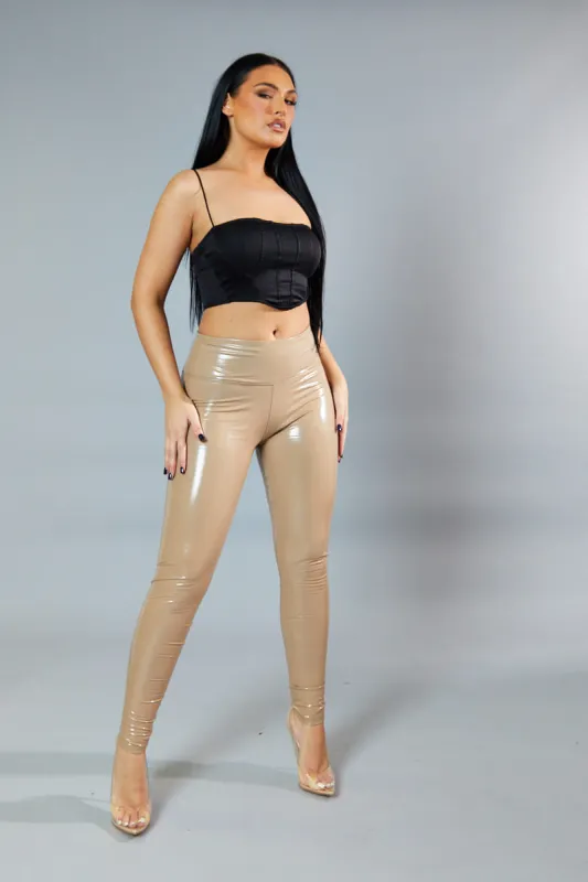 Beige Shiny Vinyl Pu Leggings - Kalai sold by Rebellious Fashion