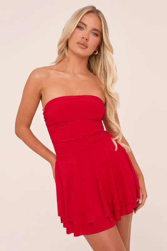 Red Bandeau Ruched Skater Mini Dress - Sifan sold by Rebellious Fashion