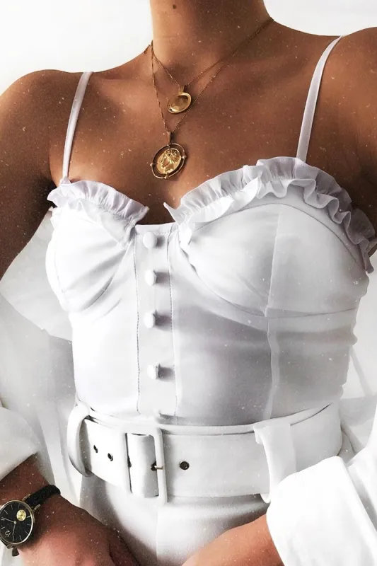 White Ruffle Button Front Cup Detail Crop Top - Veronica made by Rebellious Fashion