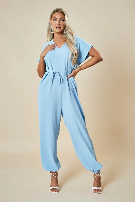 Blue V-Neck Oversized Tie Detail Jumpsuit - Sammie made by Rebellious Fashion