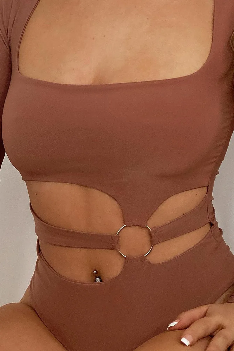 Brown Ring Detail Front Cut Out Bodysuit - Ryelee sold by Rebellious Fashion product image thumbnail 4