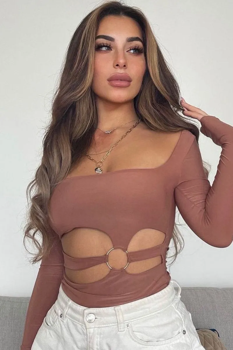 Brown Ring Detail Front Cut Out Bodysuit - Ryelee sold by Rebellious Fashion