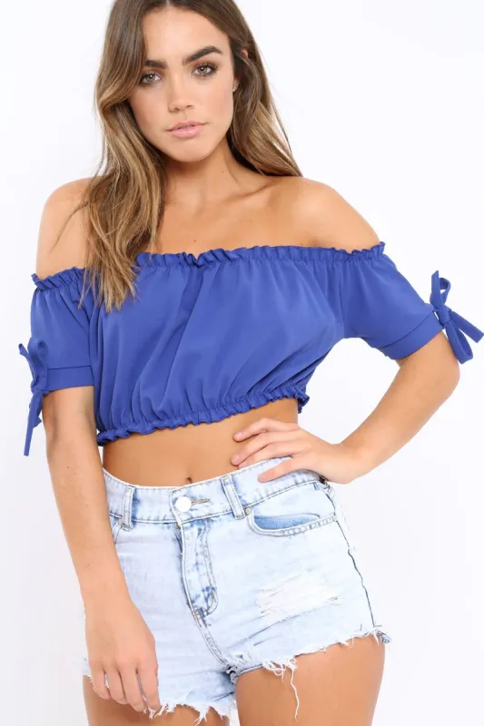 Royal Blue Ruched Bardot Gypsy Crop Top - Janette sold by Rebellious Fashion