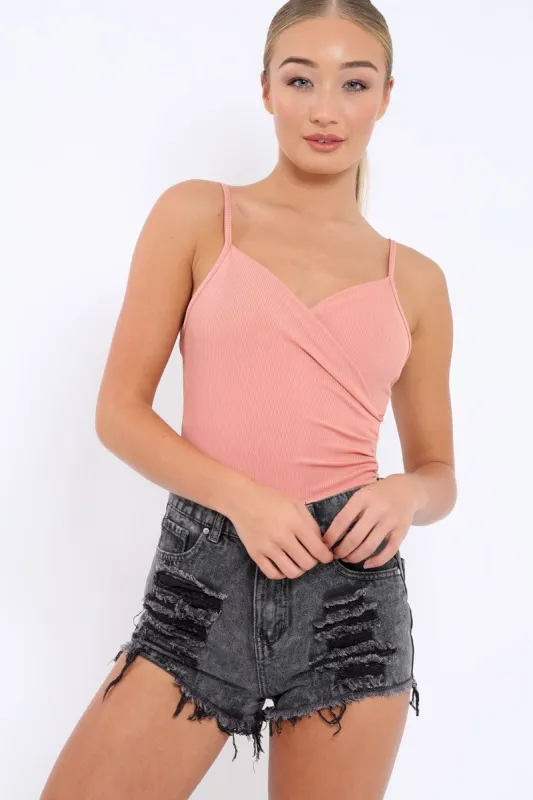 Rose Ribbed Plunge Wrap Bodysuit - Abriana sold by Rebellious Fashion