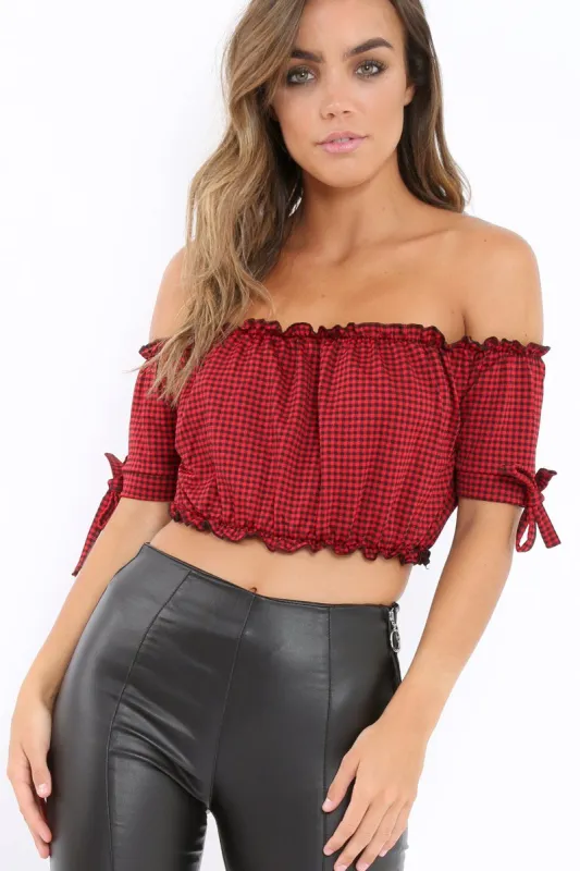 Red Gingham Ruched Bardot Gypsy Crop Top - Janette sold by Rebellious Fashion