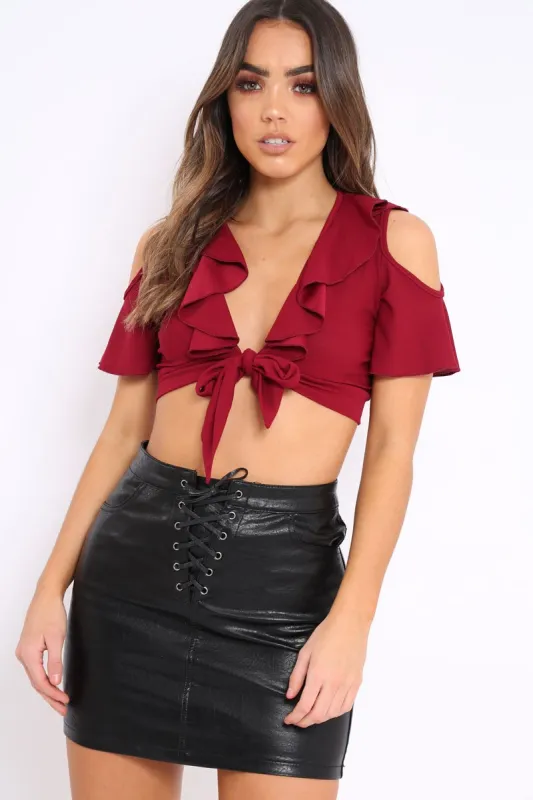 Wine Tie Front Cold Shoulder Crop Top - Ellinor sold by Rebellious Fashion
