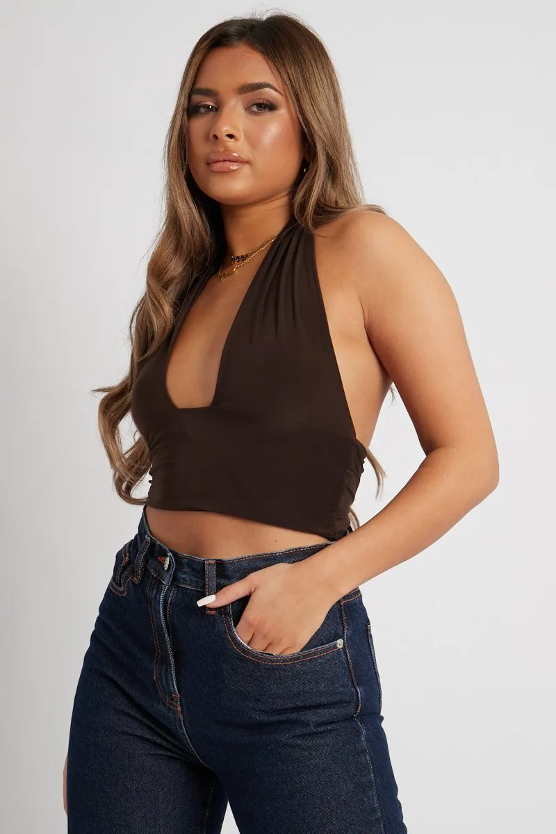 Chocolate Halter Neck Slinky Crop Top - Jessabel sold by Rebellious Fashion product image thumbnail 2