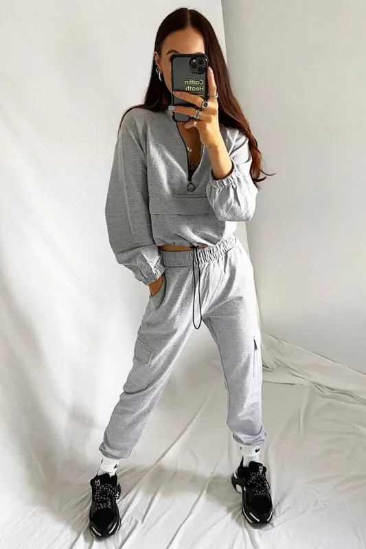 Grey Front Pocket Cargo Jumper and Joggers Loungewear Set - Naziya sold by Rebellious Fashion