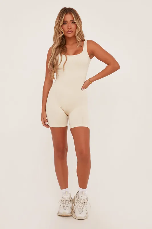 Beige Rib Knit Seamless Unitard - Bleona sold by Rebellious Fashion
