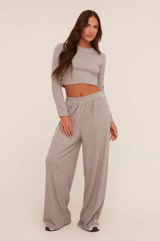 Grey Rib Knit Long Sleeve Top & Wide Leg Trouser Co-ord Set - Damia sold by Rebellious Fashion