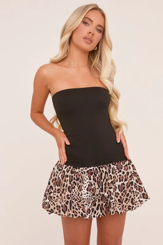 Black Leopard Print Bandeau Puffball Mini Dress - Bianca sold by Rebellious Fashion