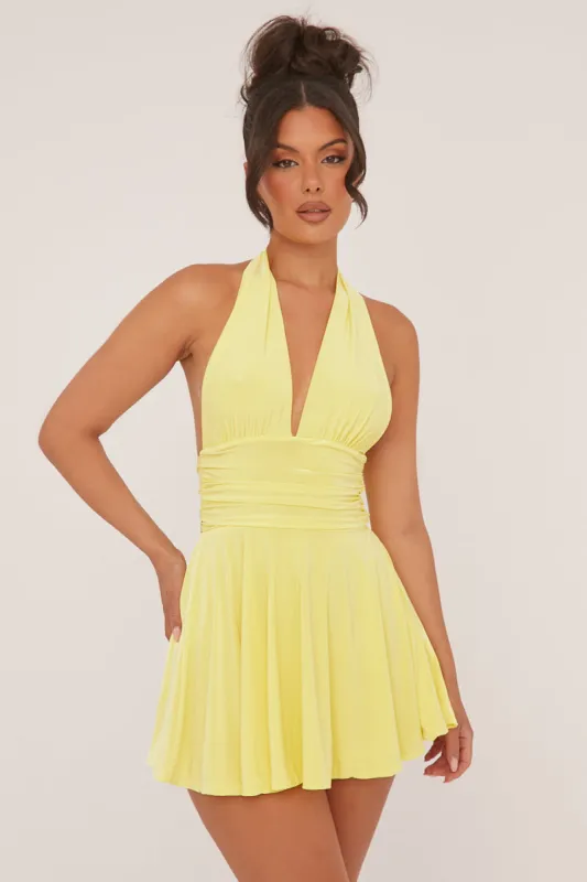 Yellow Halter Plunge Neck Mini Dress - Pippa sold by Rebellious Fashion