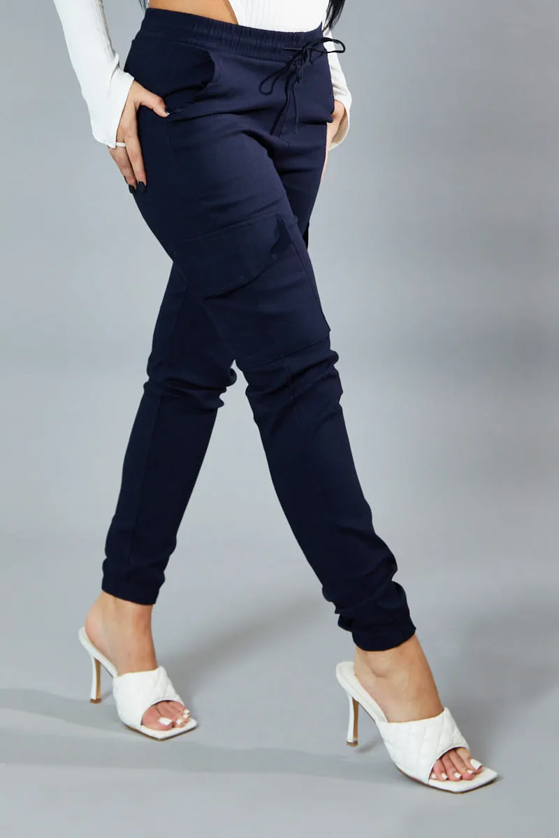 Navy Cuffed Hem Cargo Trousers - Rain sold by Rebellious Fashion product image thumbnail 3