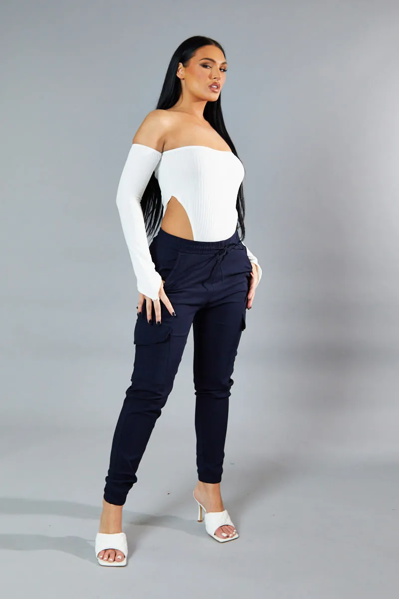 Navy Cuffed Hem Cargo Trousers - Rain sold by Rebellious Fashion