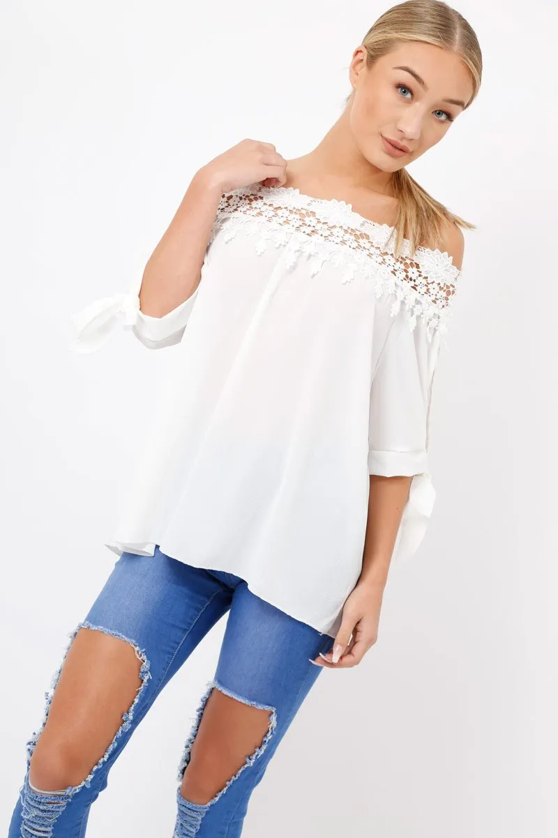 White Crochet Bardot Top - Evelina sold by Rebellious Fashion
